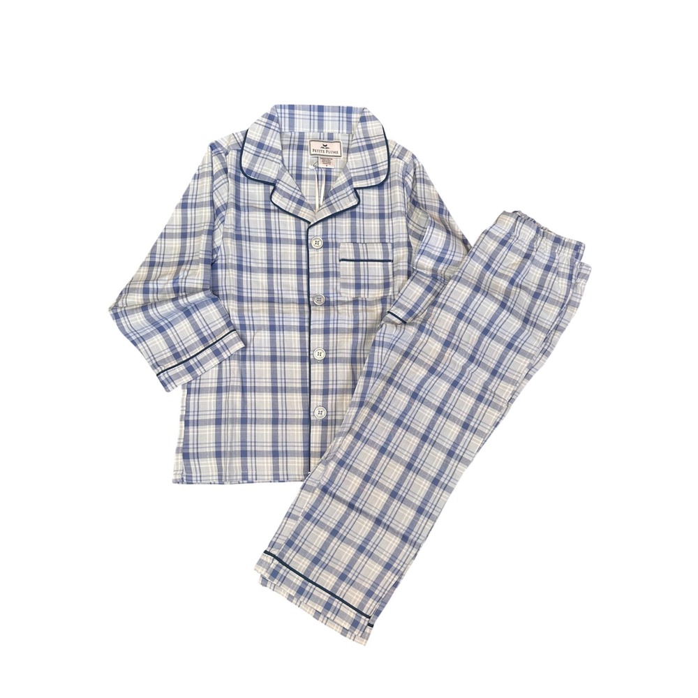 Petite Plume Seafarer Tartan Pajama Set Blue White Plaid Kids Size 4 SPJST104